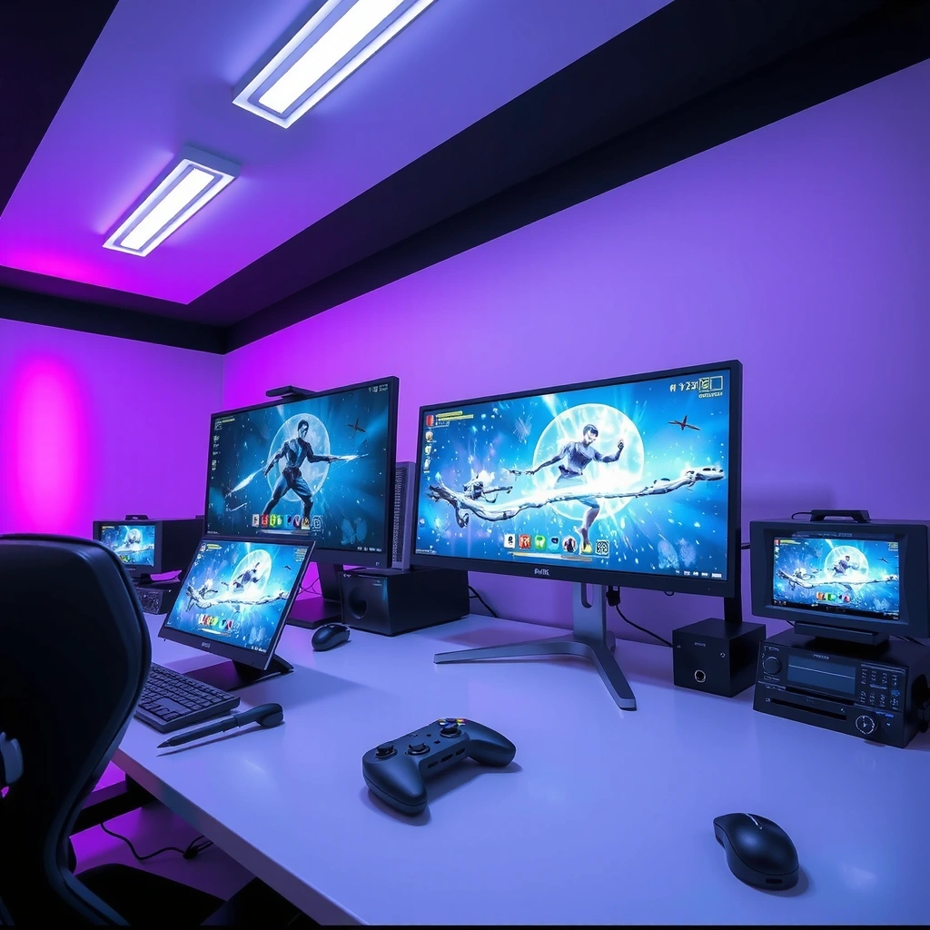 Coiranow studio workspace with cosmic gaming themes