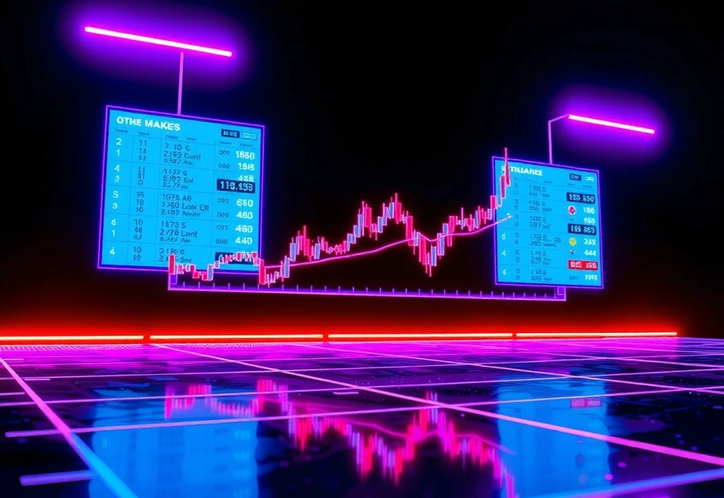 Abstract representation of candlestick charts and graphs in a sci-fi trading interface with neon purple and cyan accents
